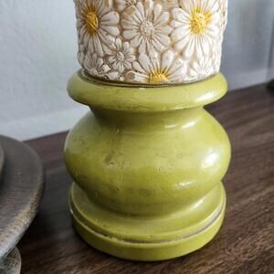 Large Lime Green Plaster Candlestick Holder Vintage Funky Decor